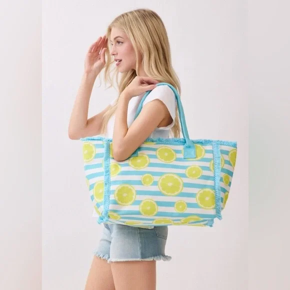 Sliced Lemon Striped Tote Bag|Blue+Yellow - Picture 4 of 5